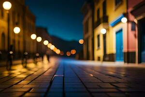 een straat Bij nacht met lichten Aan de gebouwen. ai-gegenereerd foto