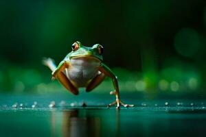 een kikker jumping Aan de water. ai-gegenereerd foto