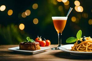 een bord van pasta en een glas van wijn Aan een tafel. ai-gegenereerd foto