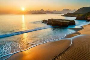 de zon stijgt over- de oceaan en de strand in deze mooi foto. ai-gegenereerd foto