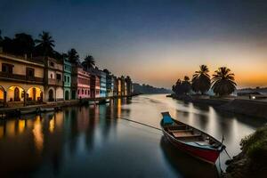 een boot zit Aan de water Bij zonsondergang in voorkant van kleurrijk gebouwen. ai-gegenereerd foto