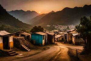een dorp Bij zonsondergang met huizen en bergen in de achtergrond. ai-gegenereerd foto