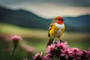 een vogel neergestreken Aan top van een bloem. ai-gegenereerd foto