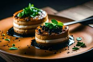 twee klein cakes met zwart peper en munt Aan een bord. ai-gegenereerd foto