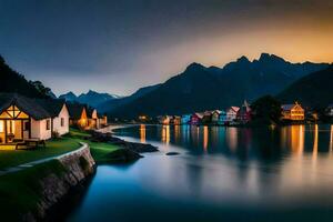 foto behang de lucht, bergen, water, huis, huis, de lucht, bergen, water. ai-gegenereerd