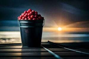 een emmer van rood bessen Aan een houten tafel. ai-gegenereerd foto