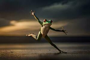 een kikker jumping in de lucht met haar poten verspreiding. ai-gegenereerd foto