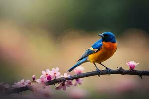 een blauw en oranje vogel is neergestreken Aan een Afdeling. ai-gegenereerd foto