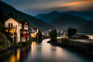 foto behang de lucht, bergen, rivier, huizen, de nacht, de bergen, de rivier. ai-gegenereerd