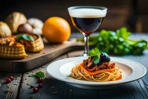 spaghetti met vlees saus en groenten Aan een bord. ai-gegenereerd foto