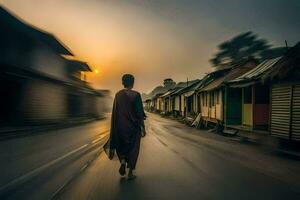 een Mens wandelen naar beneden een straat in een dorp. ai-gegenereerd foto