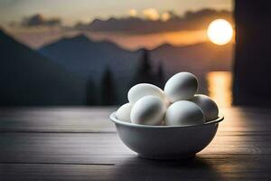 eieren in een kom Aan een tafel met bergen in de achtergrond. ai-gegenereerd foto