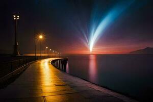 een lang wandelen langs de pier Bij nacht met een helder licht schijnt. ai-gegenereerd foto