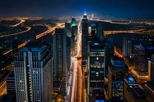 de stad horizon Bij nacht met verkeer lichten. ai-gegenereerd foto