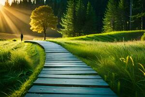 een houten pad Leidt naar een boom in de midden- van een met gras begroeid veld. ai-gegenereerd foto