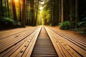 een houten loopbrug in de Woud met zon schijnend door. ai-gegenereerd foto