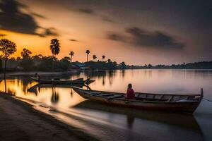 twee mensen zijn zittend Aan een boot in de water Bij zonsondergang. ai-gegenereerd foto