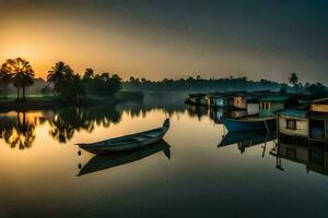 boten zijn aangemeerd in de water Bij zonsondergang. ai-gegenereerd foto