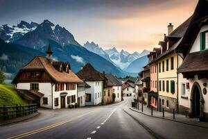 een straat in de Alpen met bergen in de achtergrond. ai-gegenereerd foto