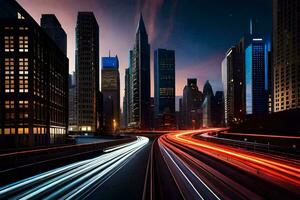 een stad Bij nacht met lichten Aan de snelweg. ai-gegenereerd foto