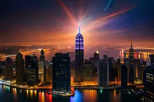 de stad horizon Bij nacht met helder lichten. ai-gegenereerd foto
