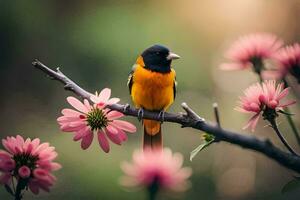 een vogel zit Aan een Afdeling met roze bloemen. ai-gegenereerd foto