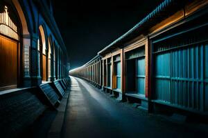 een lang, donker tunnel met een trein in de achtergrond. ai-gegenereerd foto