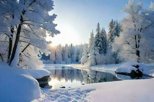 een besneeuwd landschap met bomen en water. ai-gegenereerd foto