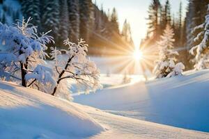 sneeuw gedekt bomen in de zon. ai-gegenereerd foto