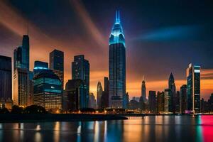 de stad horizon Bij nacht met lichten reflecterend uit de water. ai-gegenereerd foto