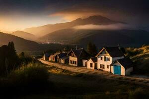 foto behang de lucht, bergen, de weg, de dorp, de huis, de weg,. ai-gegenereerd