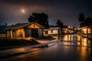 foto behang de maan, nacht, de water, de dorp, de hut, de maan,. ai-gegenereerd