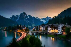 foto behang de lucht, bergen, rivier, dorp, brug, bergen, meer, huis,. ai-gegenereerd