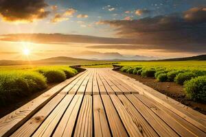 een houten pad Leidt naar de zonsondergang in een veld. ai-gegenereerd foto