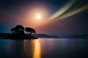 een vol maan is gezien over- de water met bomen. ai-gegenereerd foto