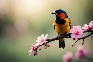 foto behang de lucht, vogel, bloemen, lente, de vogel, lente, de vogel,. ai-gegenereerd