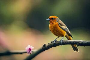 een klein oranje vogel zit Aan een Afdeling met een roze bloem. ai-gegenereerd foto