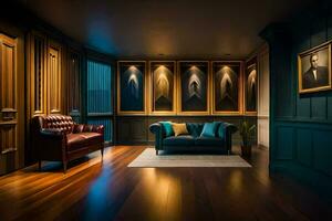 een kamer met donker hout vloeren en blauw muren. ai-gegenereerd foto