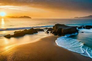 de zon sets over- een strand met rotsen en water. ai-gegenereerd foto