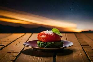 een tomaat en broccoli belegd broodje Aan een bord. ai-gegenereerd foto