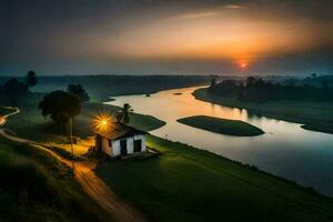 een klein huis zit Aan de rand van een rivier- Bij zonsondergang. ai-gegenereerd foto