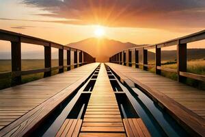 een houten brug met de zon instelling achter het. ai-gegenereerd foto