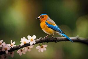 een blauw en oranje vogel zit Aan een Afdeling. ai-gegenereerd foto