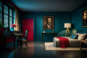 een slaapkamer met blauw muren en een rood deur. ai-gegenereerd foto