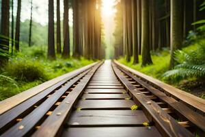 een trein bijhouden in de bossen met bomen in de achtergrond. ai-gegenereerd foto