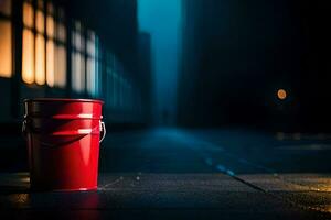 een rood emmer zittend Aan de straat Bij nacht. ai-gegenereerd foto