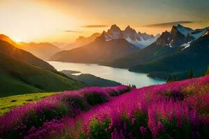 de zon stijgt over- de bergen en de Purper bloemen bloeien in de voorgrond. ai-gegenereerd foto
