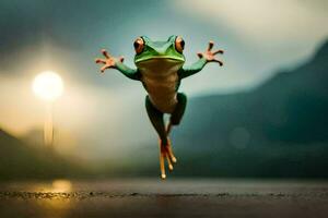 een kikker jumping in de lucht met haar poten verspreiding. ai-gegenereerd foto