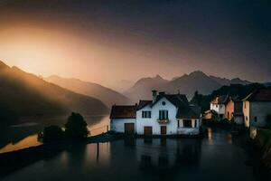 een huis zit Aan de rand van een meer Bij zonsondergang. ai-gegenereerd foto