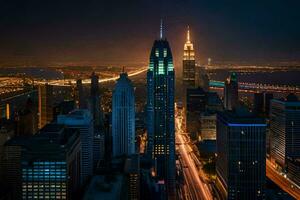 de stad horizon Bij nacht met lichten Aan. ai-gegenereerd foto